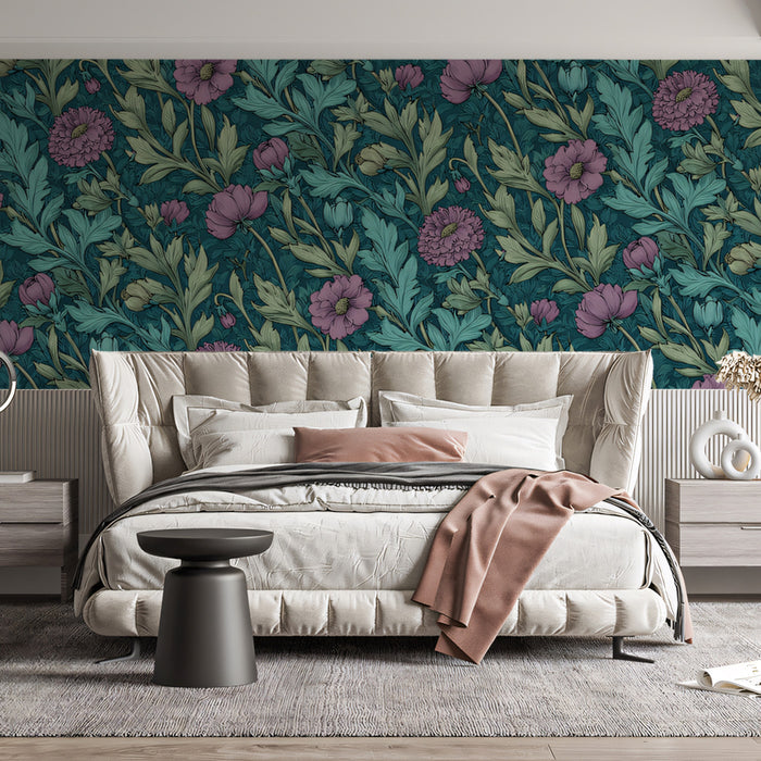 Romantic Floral Mural Wallpaper | Rich Teal and Pink Pattern
