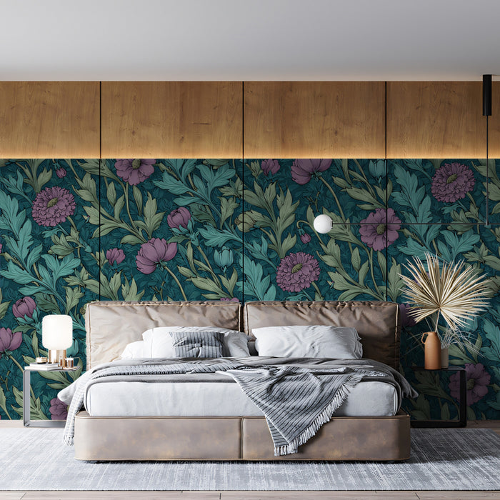 Romantic Floral Mural Wallpaper | Rich Teal and Pink Pattern
