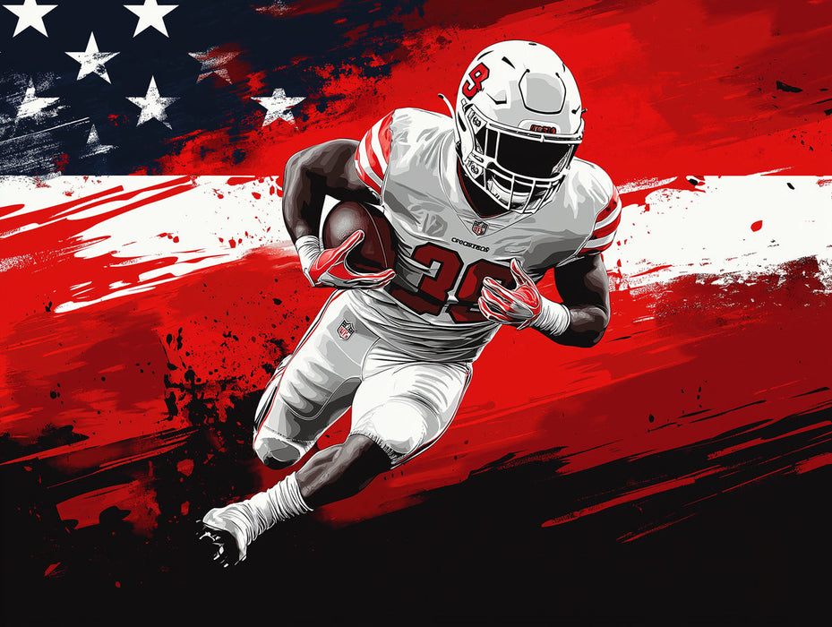 American Football Player with Flag Mural Wallpaper in Bedroom | Red, White, Black, and Various Colors of American Football Player