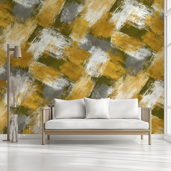 Modern Abstract Mural Wallpaper | Woven Gold and Olive Texture