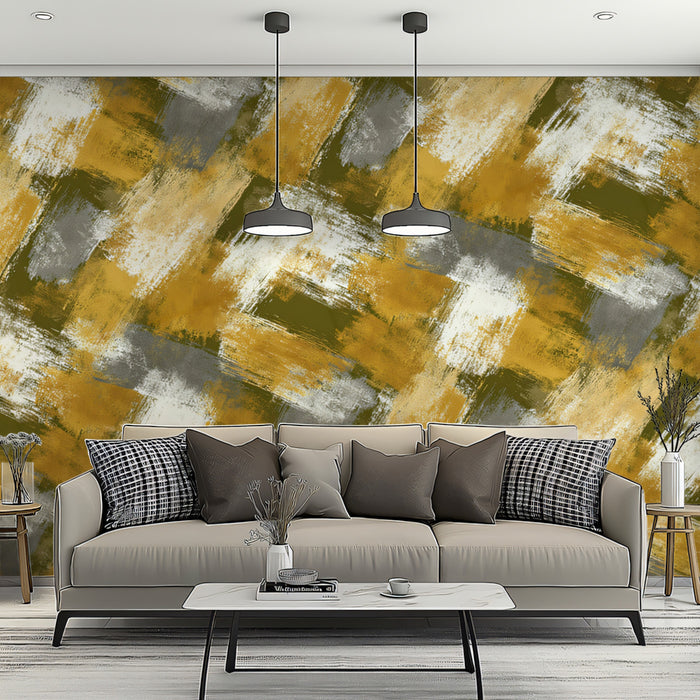 Modern Abstract Mural Wallpaper | Woven Gold and Olive Texture