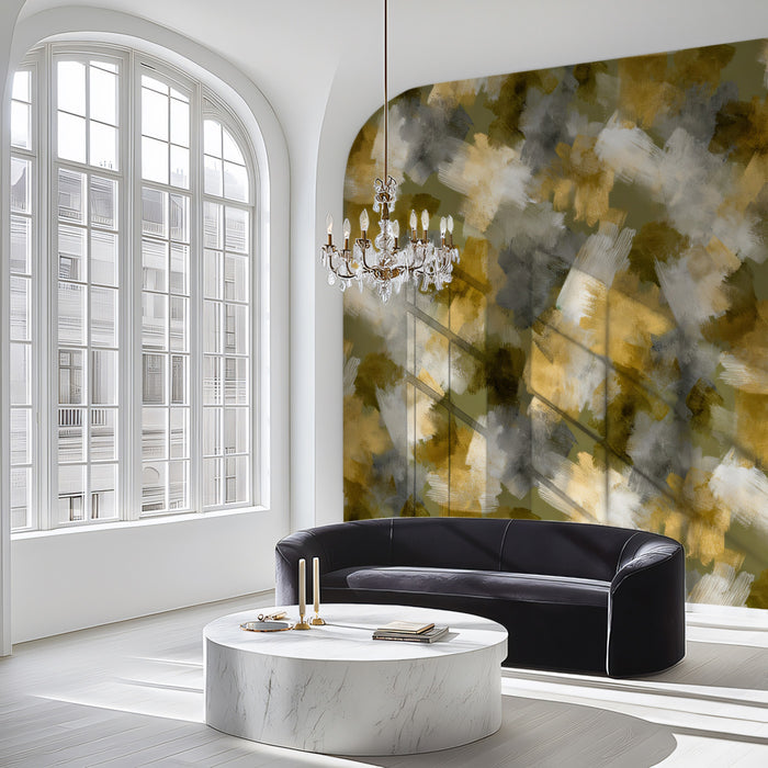 Abstract Mosaic Mural Wallpaper | Gold and Gray Painterly Pattern