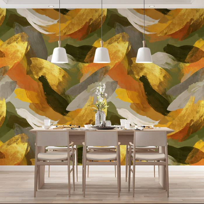 Abstract Flowing Mural Wallpaper | Modern Gold and Olive Art
