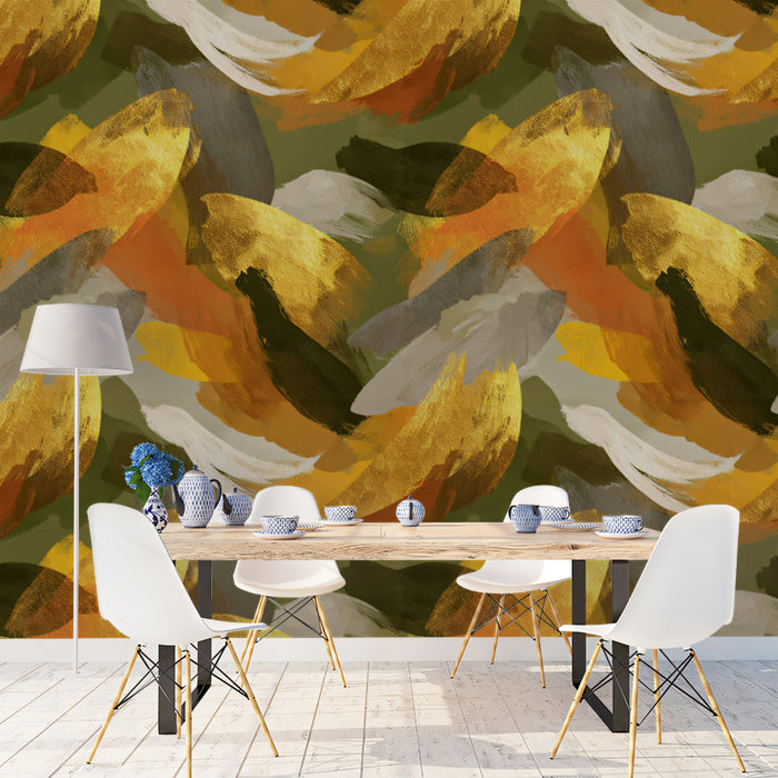 Abstract Flowing Mural Wallpaper | Modern Gold and Olive Art