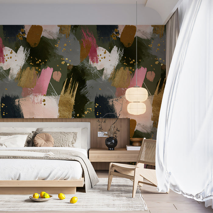 Abstract Brushstroke Mural Wallpaper | Bold Pink, Gold and Olive