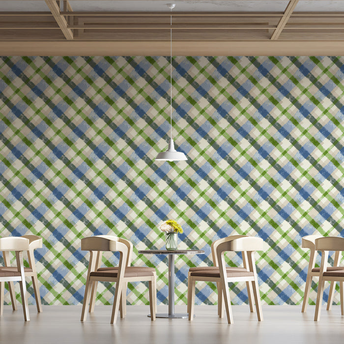 Modern Plaid Mural Wallpaper | Bold Blue and Green