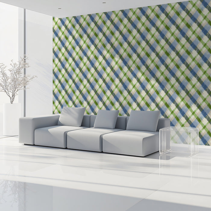 Modern Plaid Mural Wallpaper | Bold Blue and Green