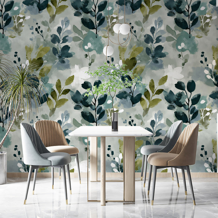 Modern Botanical Mural Wallpaper | Abstract Leaf and Berry Pattern