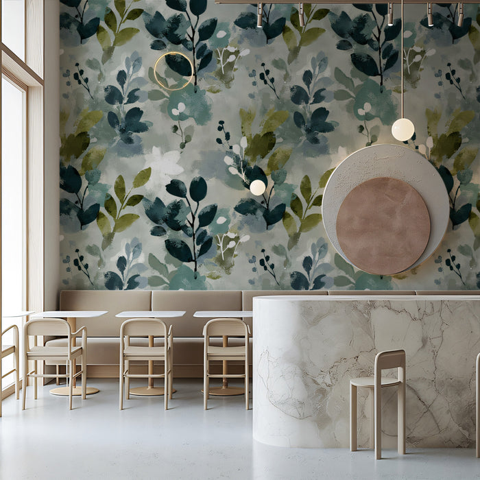 Modern Botanical Mural Wallpaper | Abstract Leaf and Berry Pattern