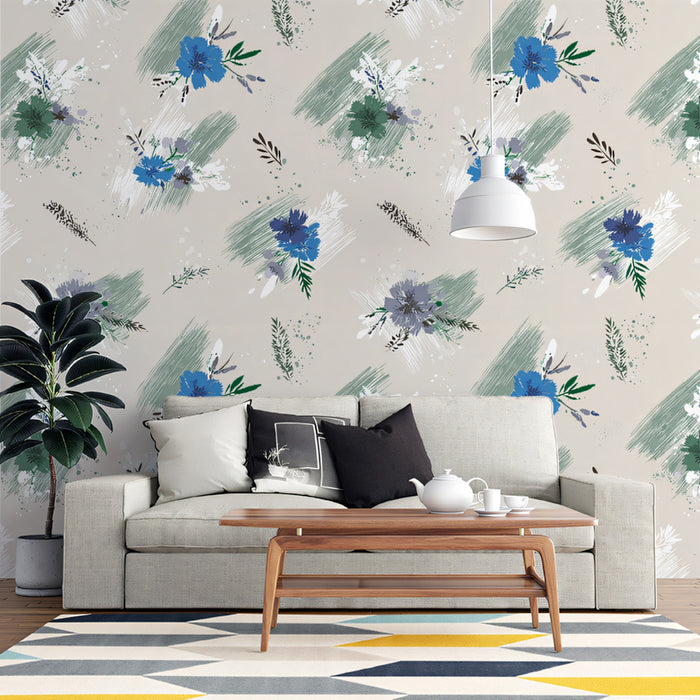 Modern Floral Mural Wallpaper | Abstract Blue and Green