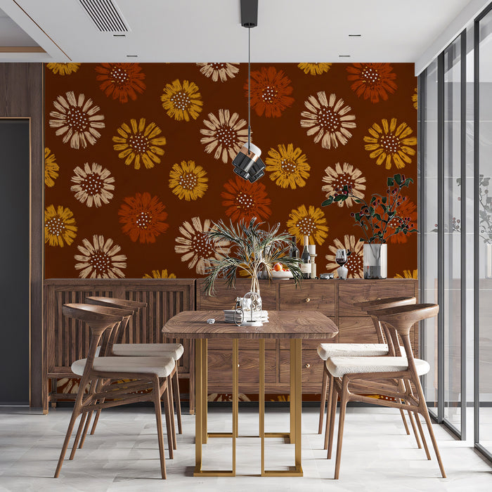 Rustic Floral Mural Wallpaper | Earthy Brown and Orange