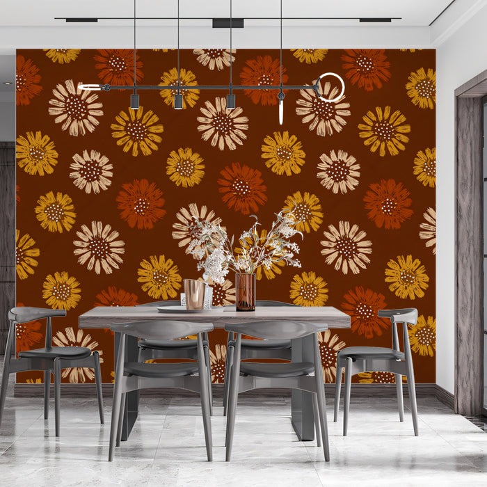 Rustic Floral Mural Wallpaper | Earthy Brown and Orange