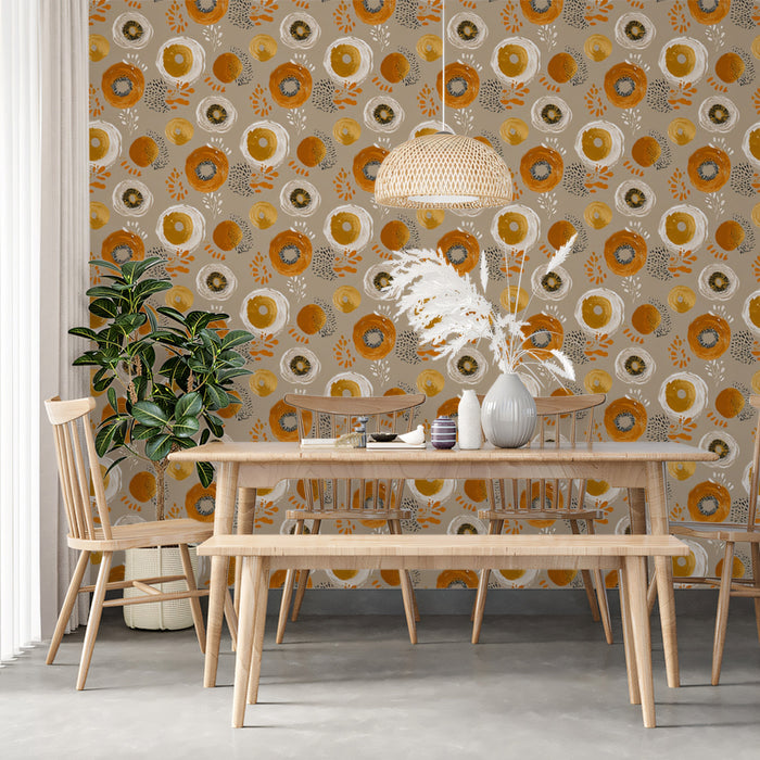 Abstract Floral Mural Wallpaper | Modern Orange and Gold