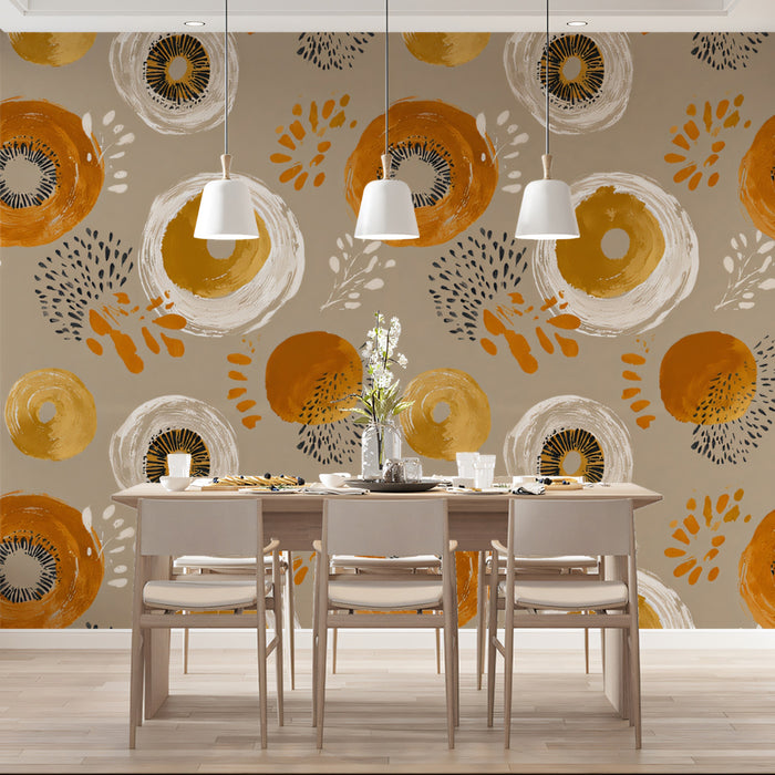 Modern Abstract Floral Mural Wallpaper | Gold and Orange