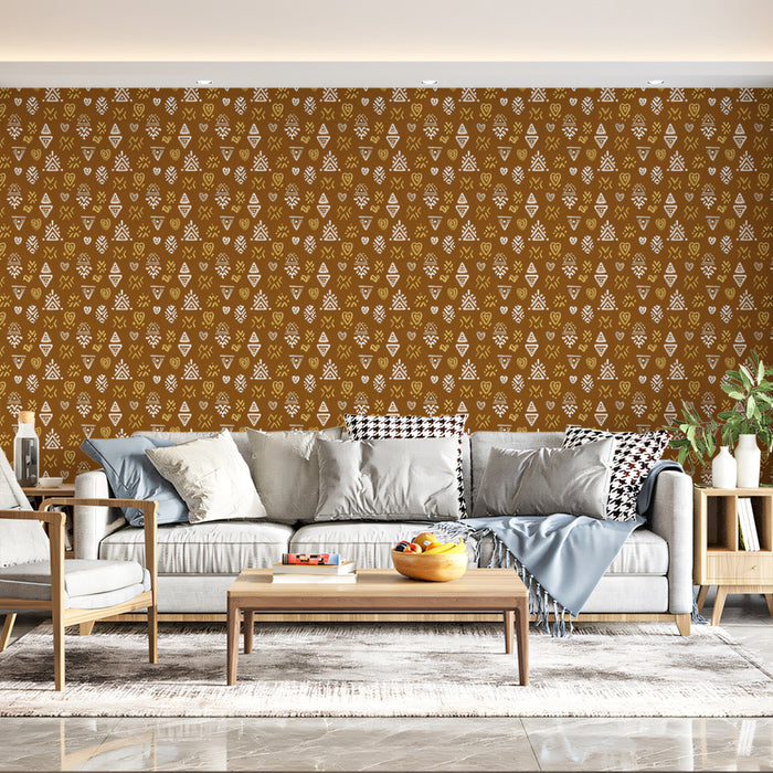 Modern Folk Mural Wallpaper | Earthy Tribal Pattern