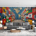 World Map Mosaic Mural Wallpaper in Living Room | Various Colors (Blue, Red, Yellow, etc.) of World Map