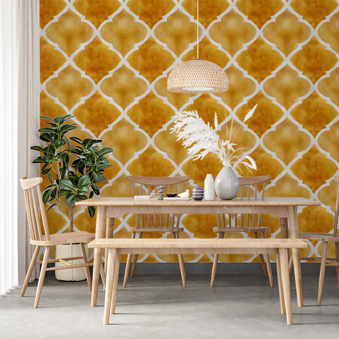 Modern Quatrefoil Mural Wallpaper | Elegant Gold and Orange Texture