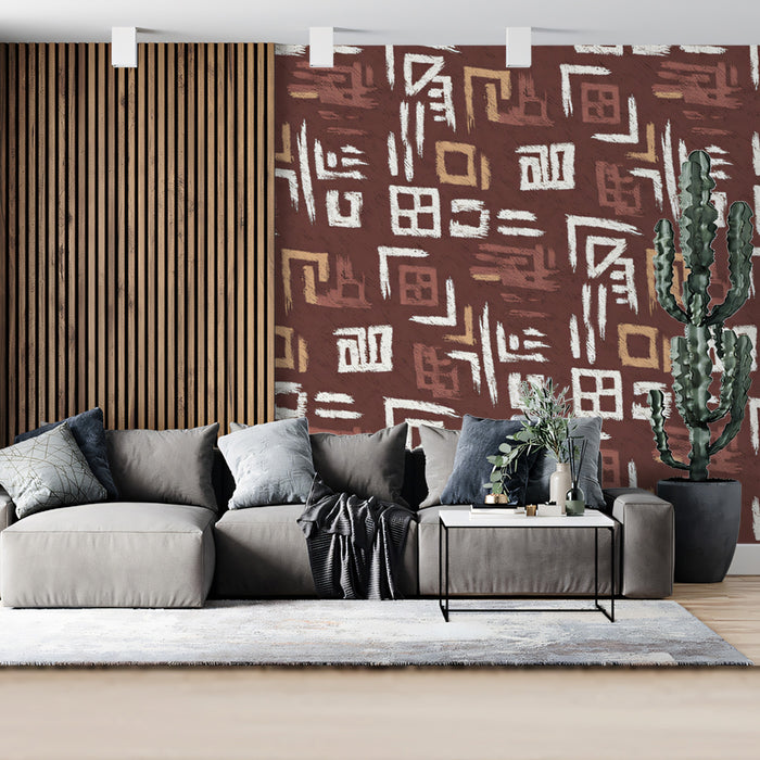 Modern Folk Mural Wallpaper | Earthy Tribal Pattern