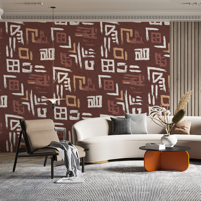 Modern Folk Mural Wallpaper | Earthy Tribal Pattern