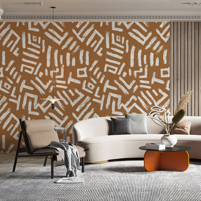Modern Tribal Mural Wallpaper | Abstract White and Brown