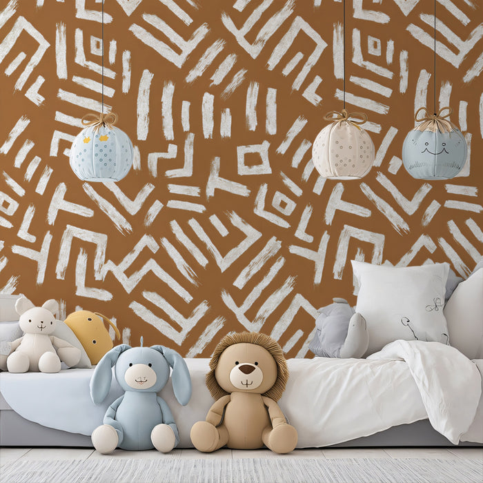 Modern Tribal Mural Wallpaper | Abstract White and Brown