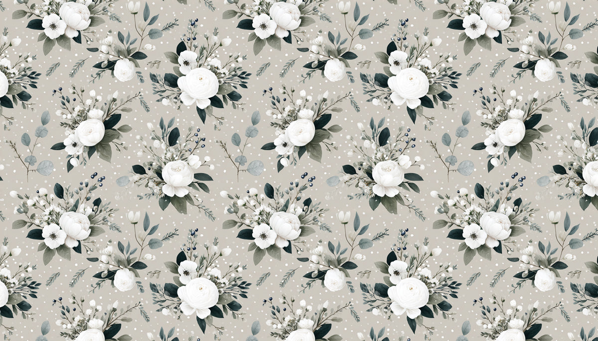 Romantic Floral Mural Wallpaper | White Bouquets and Gray Leaves