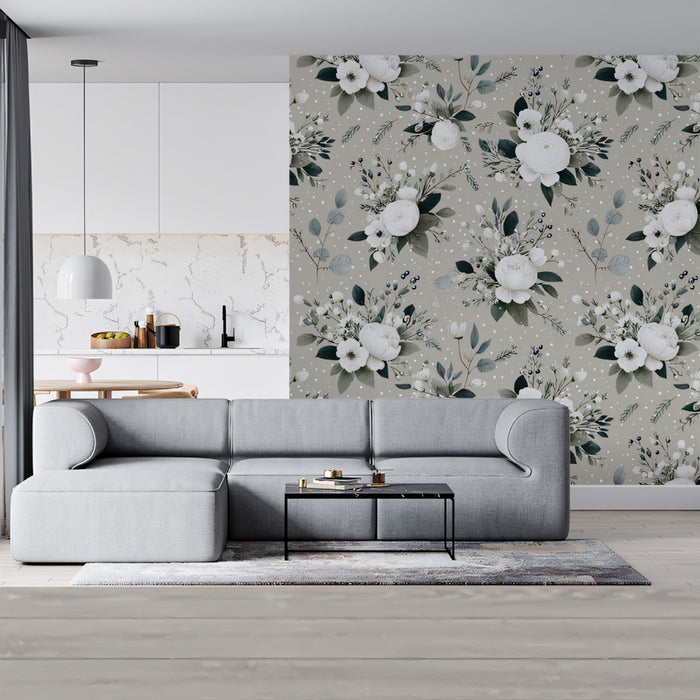 Romantic Floral Mural Wallpaper | White Bouquets and Gray Leaves