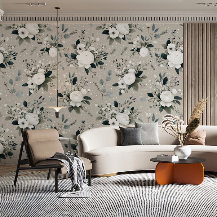 Romantic Floral Mural Wallpaper | White Bouquets and Gray Leaves