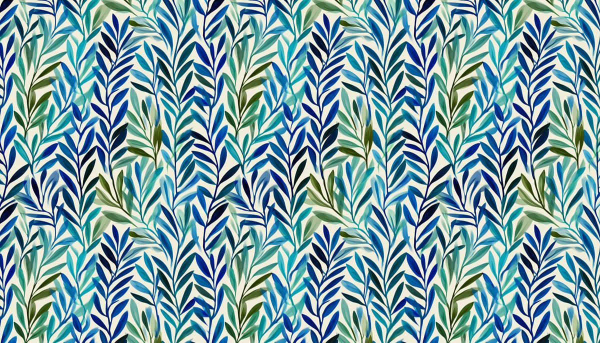 Modern Botanical Mural Wallpaper | Abstract Blue and Green Leaves