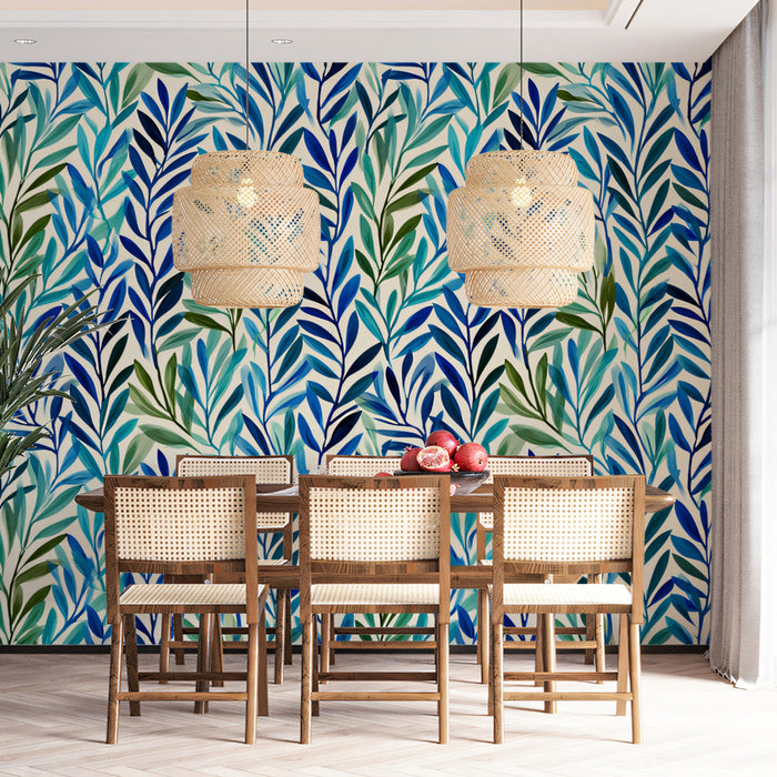 Modern Botanical Mural Wallpaper | Abstract Blue and Green Leaves