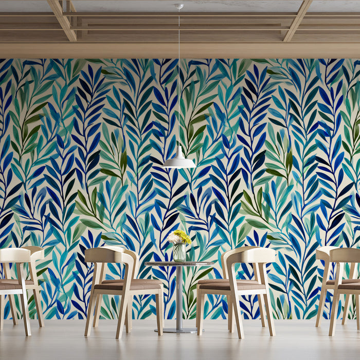 Modern Botanical Mural Wallpaper | Abstract Blue and Green Leaves