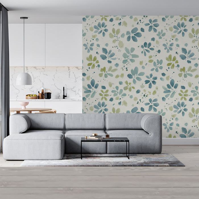 Modern Floral Mural Wallpaper | Abstract Blue and Green Leaves