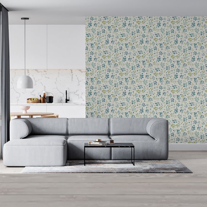 Modern Floral Mural Wallpaper | Abstract Blue and Green Leaves