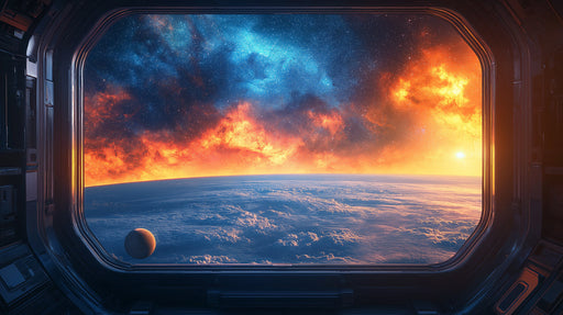 Spaceship Window View Mural Wallpaper in Living Room | Various Colors (Blue, Orange, Yellow, etc.) of Spaceship