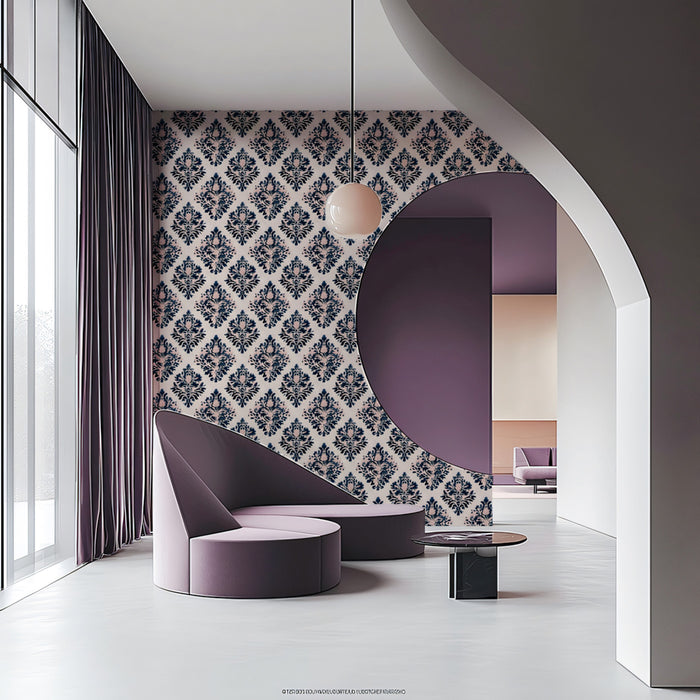 Classic Damask Mural Wallpaper | Modern Navy and Pink