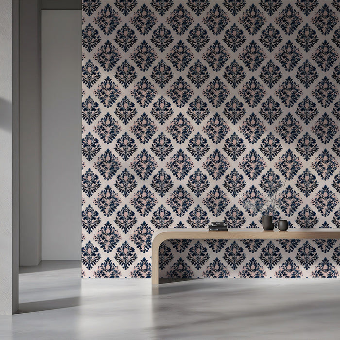 Classic Damask Mural Wallpaper | Modern Navy and Pink
