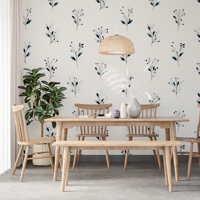 Delicate Botanical Mural Wallpaper | Abstract Leaf and Berry Pattern