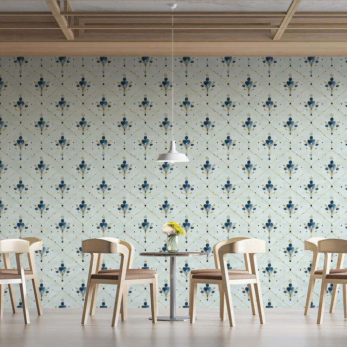 Modern Damask Mural Wallpaper | Elegant Blue and Gold