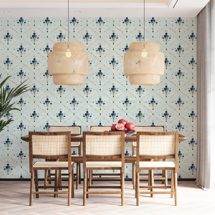 Modern Damask Mural Wallpaper | Elegant Blue and Gold
