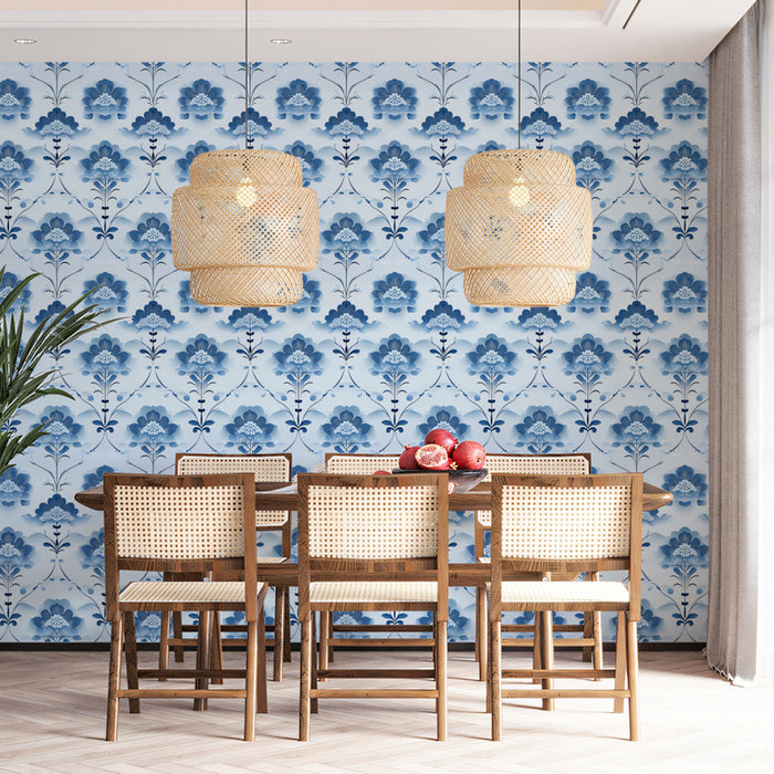Serene Floral Mural Wallpaper | Classic Blue Damask