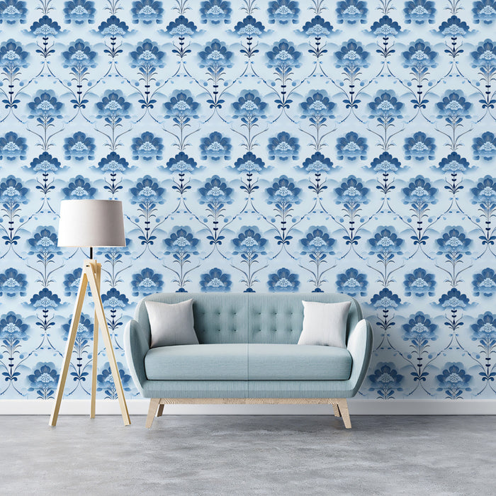 Serene Floral Mural Wallpaper | Classic Blue Damask