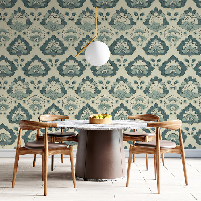 Classic Damask Mural Wallpaper | Vintage Blue and Beige