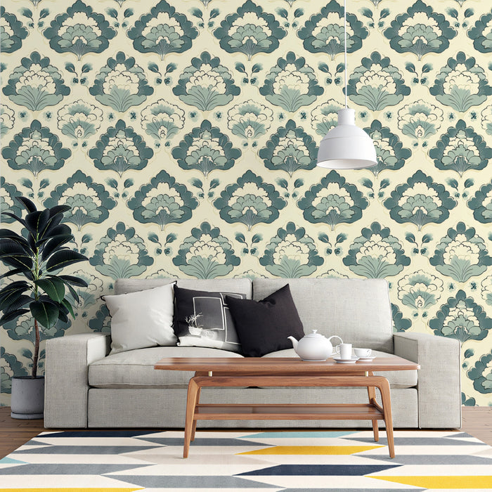 Classic Damask Mural Wallpaper | Vintage Blue and Beige
