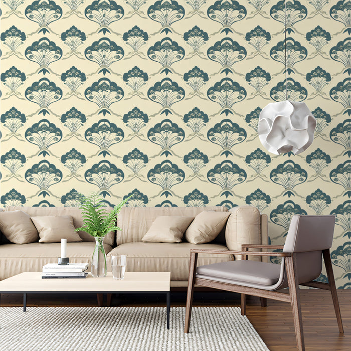 Classic Damask Mural Wallpaper | Elegant Blue and Beige