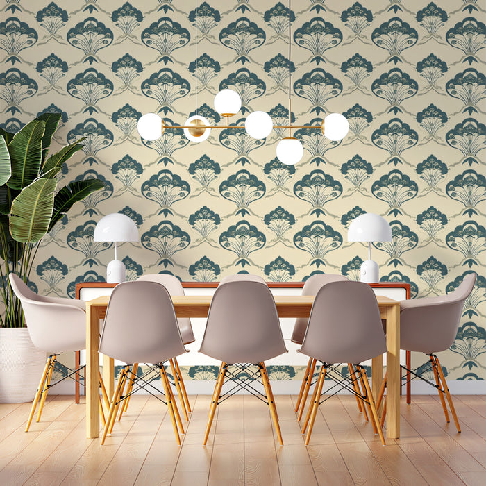 Classic Damask Mural Wallpaper | Elegant Blue and Beige