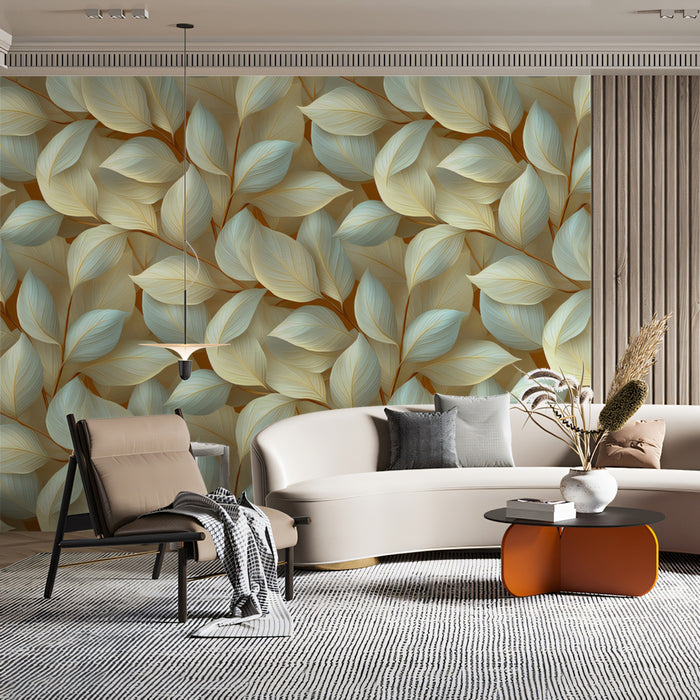 Sculptural Leaf Mural Wallpaper | Luxurious Blue and Beige