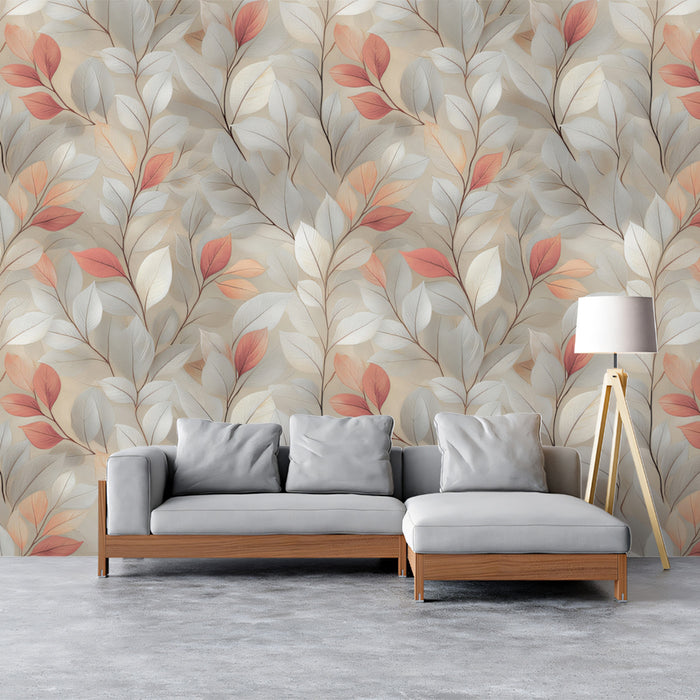 Abstract Botanical Mural Wallpaper | Delicate Pink and Gray Leaves