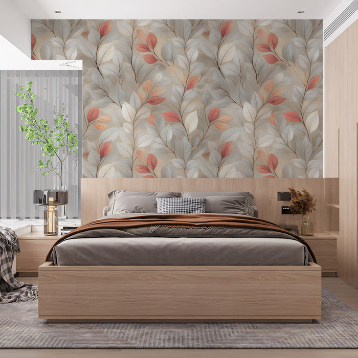 Abstract Botanical Mural Wallpaper | Delicate Pink and Gray Leaves