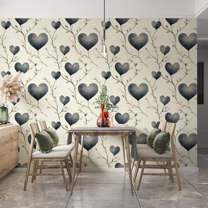 Romantic Heart Mural Wallpaper | Abstract Blue-Gray Leaves