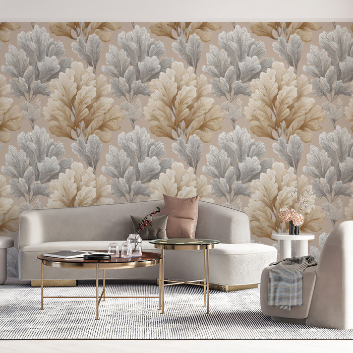 Modern Botanical Mural Wallpaper | Abstract Tan and Gray Leaves